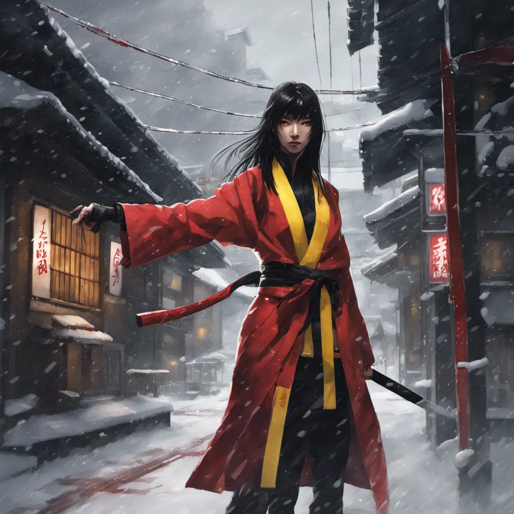 A mysterious Gogo Yubari kill bill ninja in a dark snowy Tokyo town, 8k, Intricate Details, Trending on Artstation, Beautiful, Stunning, Centered by Stanley Artgerm Lau, WLOP