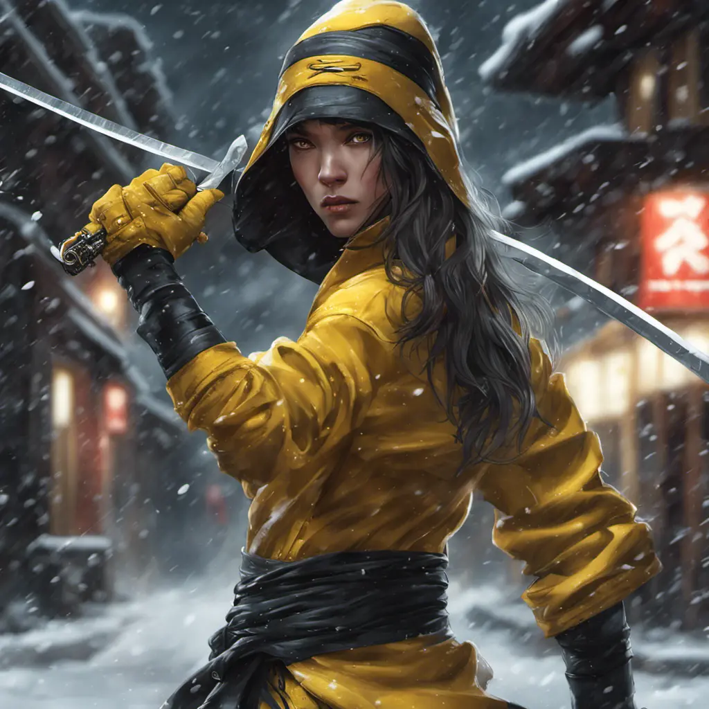 Mysterious beautiful kill bill ninja in the streets of a dark snowy town, 8k, Intricate Details, Trending on Artstation, Beautiful, Stunning, Centered by Stanley Artgerm Lau, WLOP