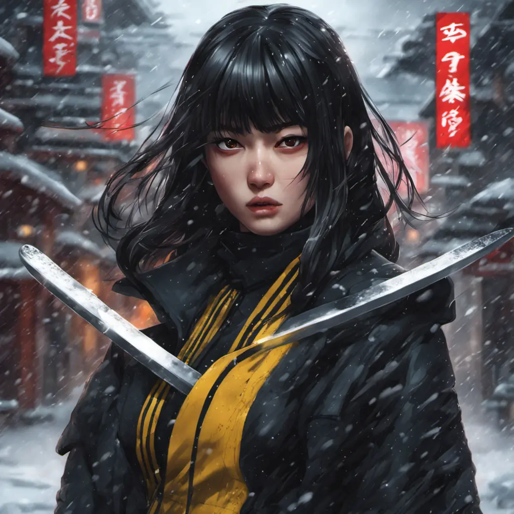 A mysterious Gogo Yubari kill bill ninja in a dark snowy Tokyo town, 8k, Intricate Details, Trending on Artstation, Beautiful, Stunning, Centered by Stanley Artgerm Lau, WLOP