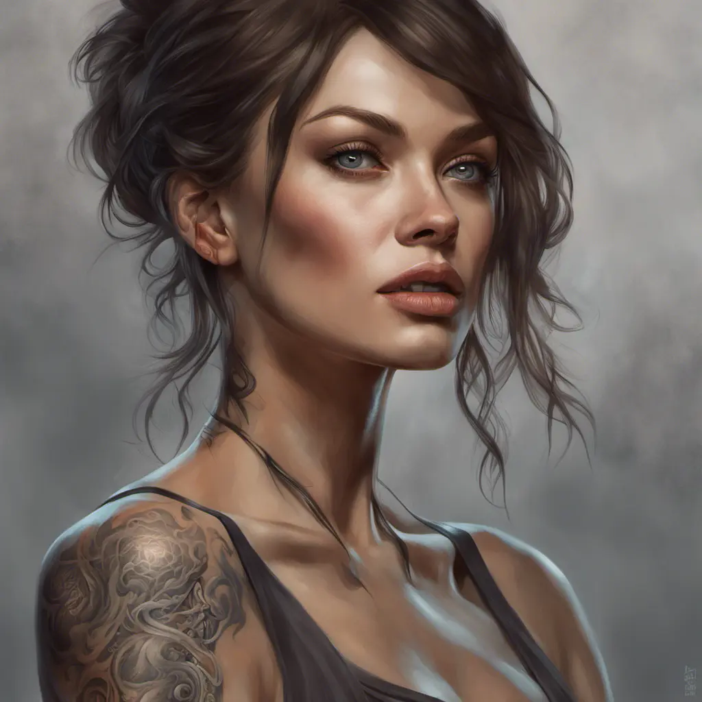 Matte portrait of Olga Kurylenko with tattoos, 8k, Highly Detailed, Powerful, Alluring, Artstation, Magical, Digital Painting, Photo Realistic, Sharp Focus, Volumetric Lighting, Concept Art by Stanley Artgerm Lau, Alphonse Mucha, Greg Rutkowski