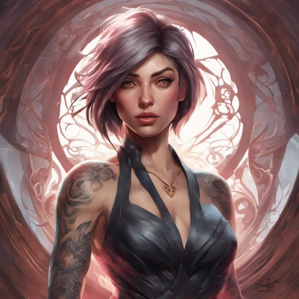 Matte portrait of Fiora with tattoos, 8k, Highly Detailed, Powerful, Alluring, Artstation, Magical, Digital Painting, Photo Realistic, Sharp Focus, Volumetric Lighting, Concept Art by Stanley Artgerm Lau, Alphonse Mucha, Greg Rutkowski