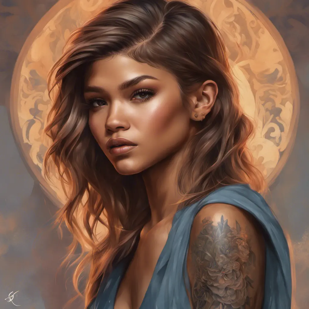 Matte portrait of Zendaya with tattoos, 8k, Highly Detailed, Powerful, Alluring, Artstation, Magical, Digital Painting, Photo Realistic, Sharp Focus, Volumetric Lighting, Concept Art by Stanley Artgerm Lau, Alphonse Mucha, Greg Rutkowski