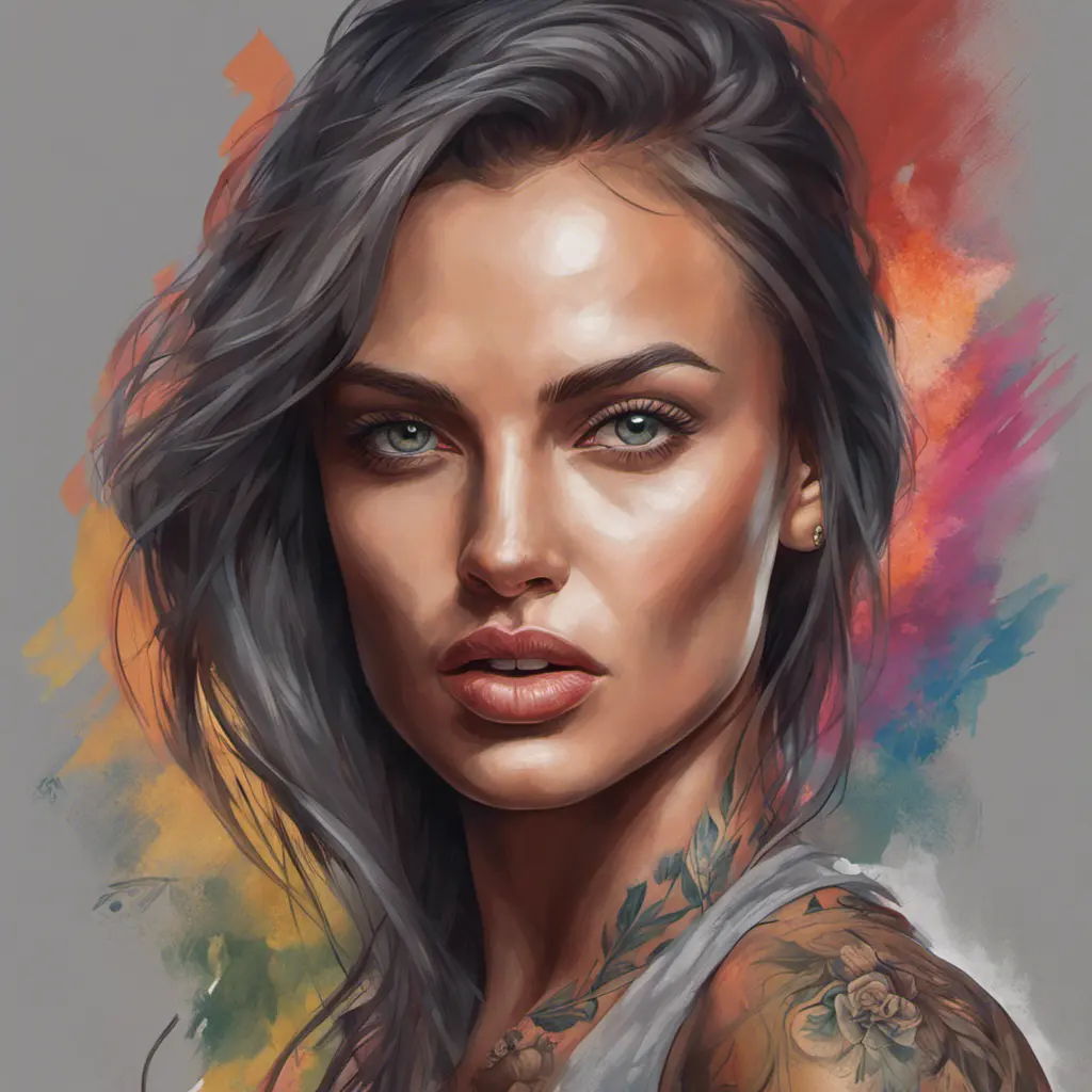 Colorful portrait of a tattooed Irina Shayk with a grey scale face, 4k, Highly Detailed, Hyper Detailed, Powerful, Artstation, Vintage Illustration, Digital Painting, Sharp Focus, Smooth, Concept Art by Stanley Artgerm Lau, Alphonse Mucha, Greg Rutkowski