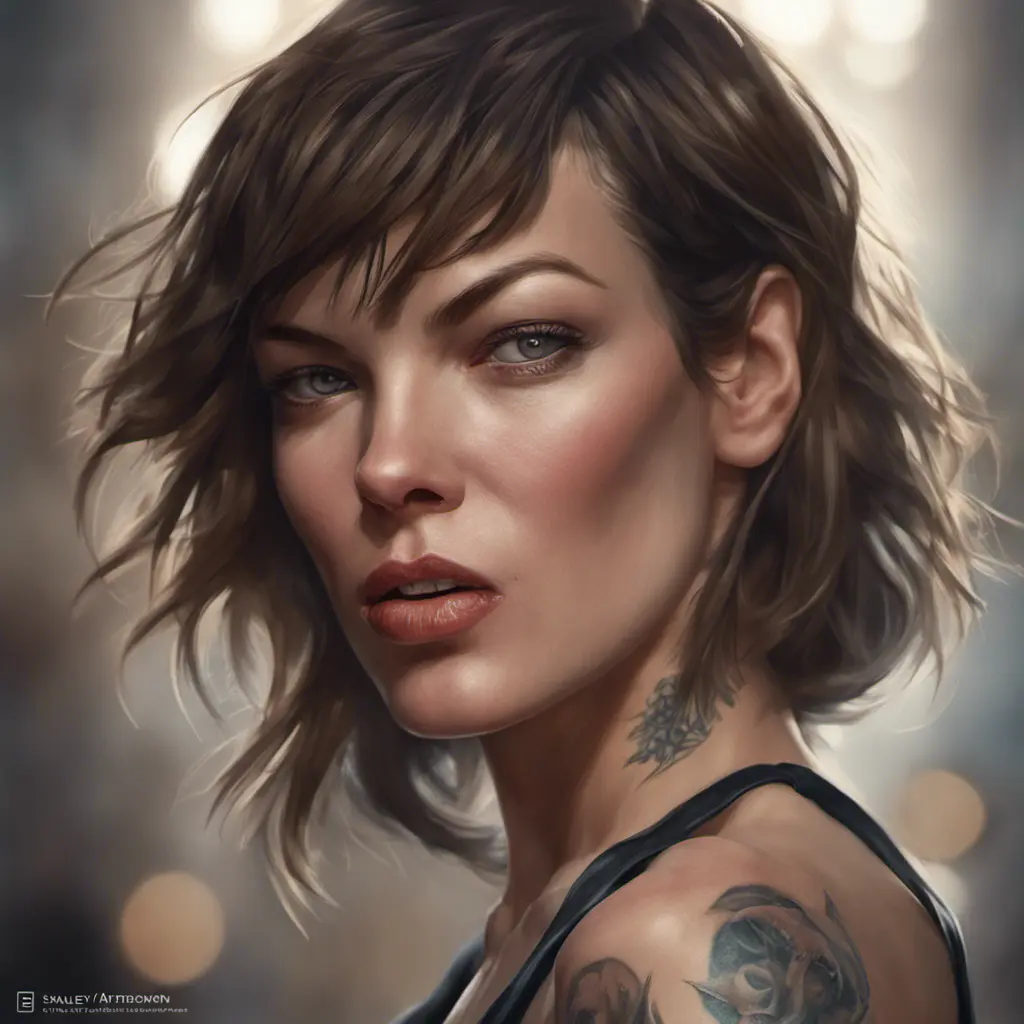 Matte portrait of Milla Jovovich with tattoos, 8k, Highly Detailed, Alluring, Artstation, Bokeh effect, Sharp Focus, Volumetric Lighting, Concept Art by Stanley Artgerm Lau, Greg Rutkowski