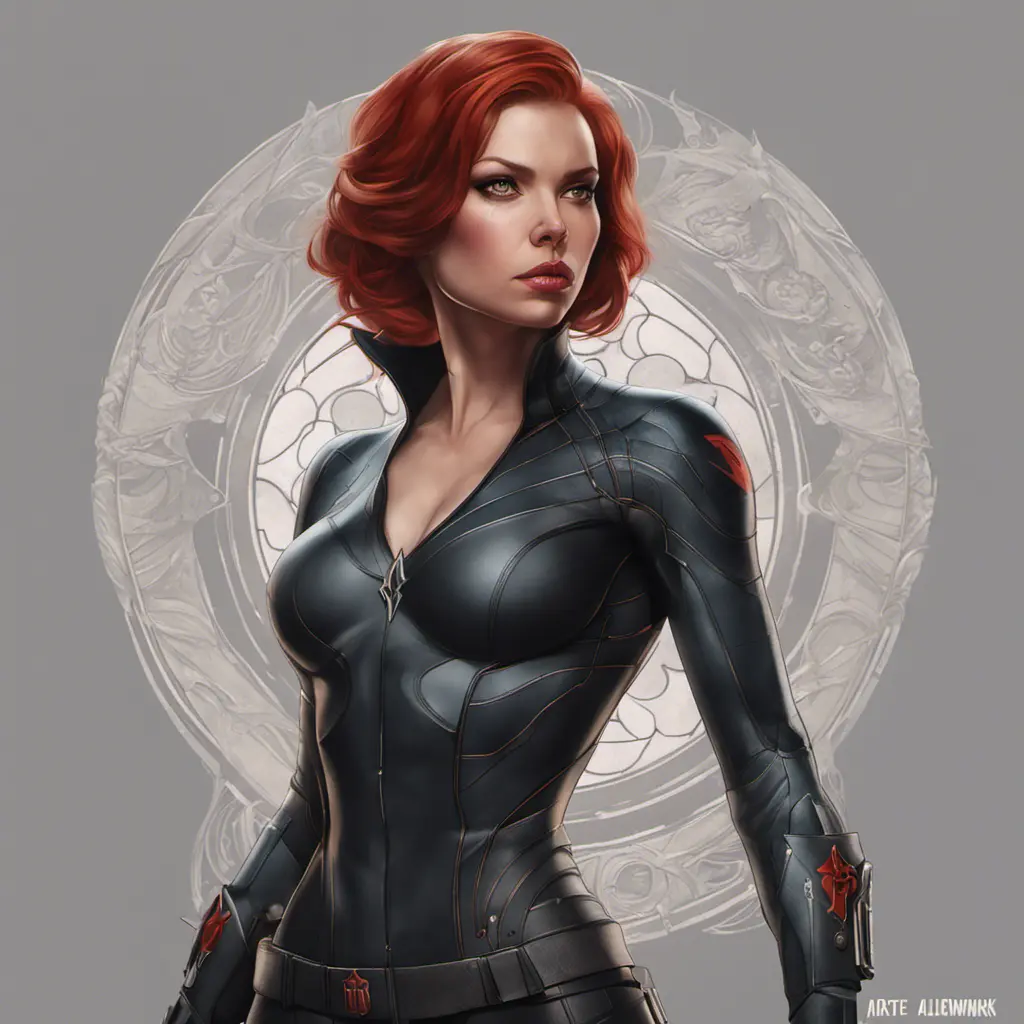 Matte portrait of Black Widow with tattoos, 8k, Highly Detailed, Powerful, Alluring, Artstation, Magical, Digital Painting, Photo Realistic, Sharp Focus, Volumetric Lighting, Concept Art by Stanley Artgerm Lau, Alphonse Mucha, Greg Rutkowski