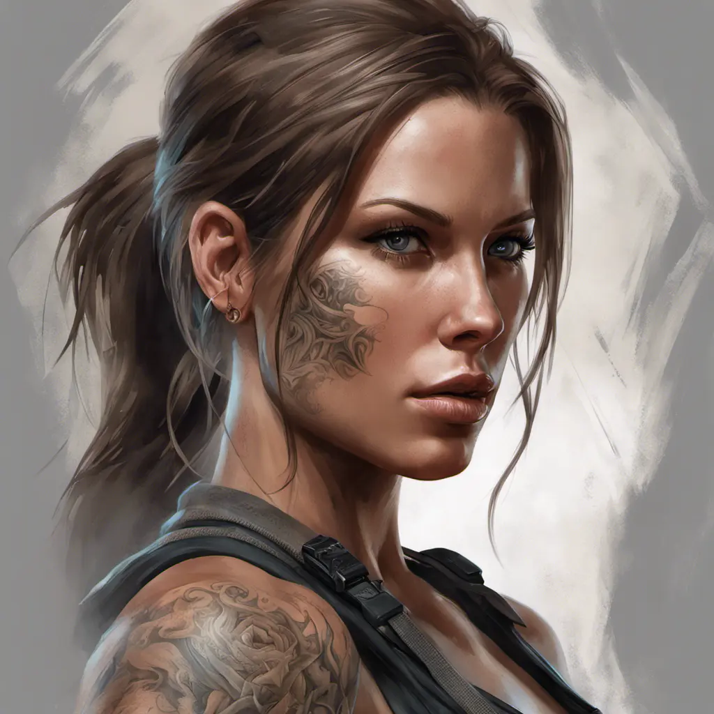 Matte portrait of Lara Croft with tattoos, 8k, Highly Detailed, Powerful, Alluring, Artstation, Magical, Digital Painting, Photo Realistic, Sharp Focus, Volumetric Lighting, Concept Art by Stanley Artgerm Lau, Alphonse Mucha, Greg Rutkowski