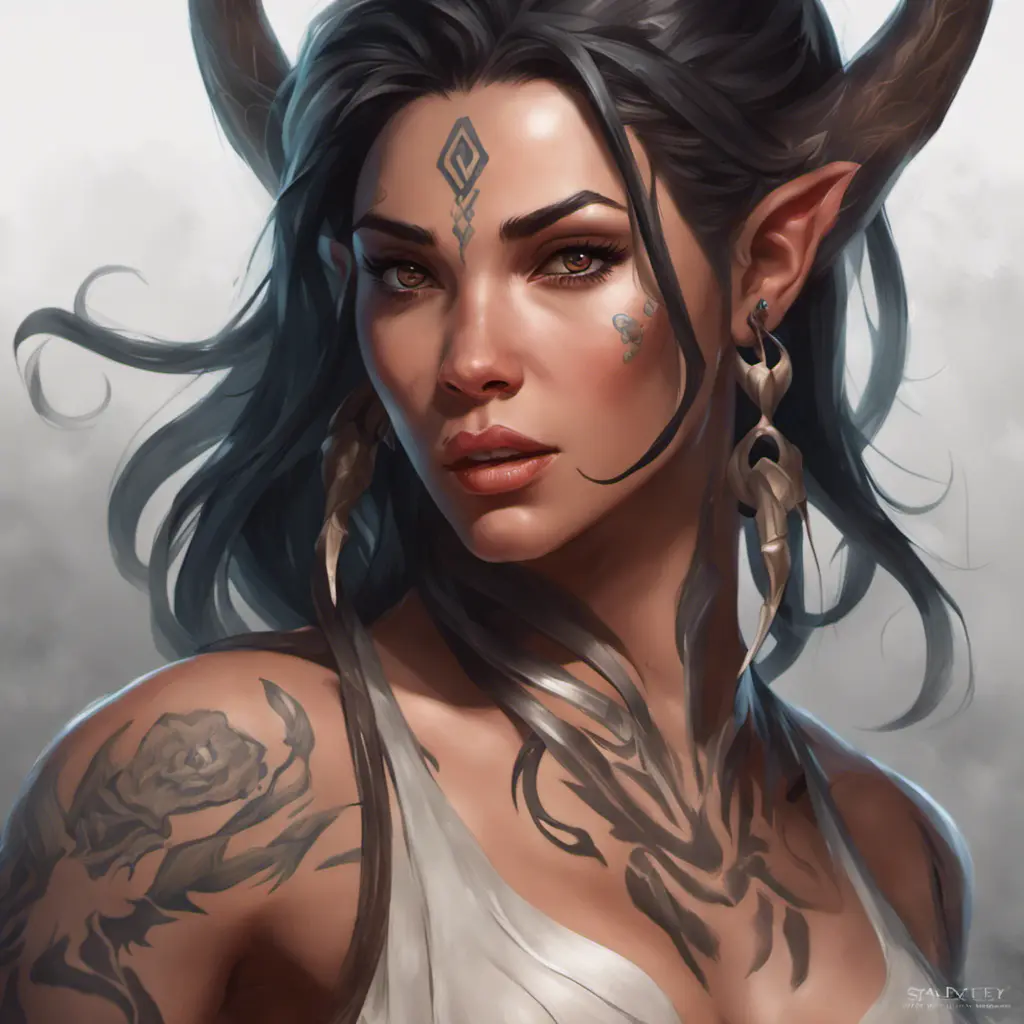 Matte portrait of Nidalee with tattoos, 8k, Highly Detailed, Powerful, Alluring, Artstation, Magical, Digital Painting, Photo Realistic, Sharp Focus, Volumetric Lighting, Concept Art by Stanley Artgerm Lau, Alphonse Mucha, Greg Rutkowski