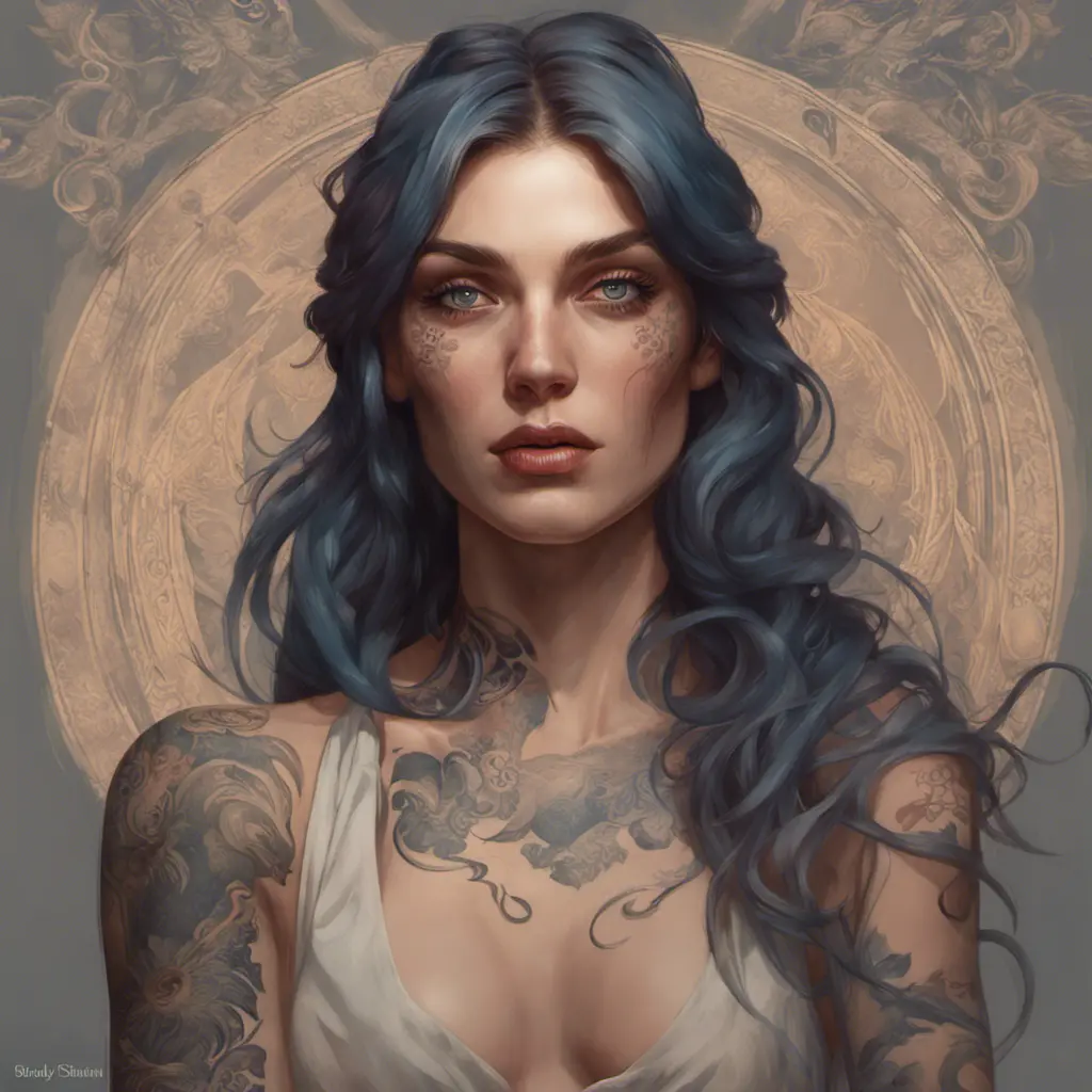 Matte portrait of Florence Faivre with tattoos, 8k, Highly Detailed, Powerful, Alluring, Artstation, Magical, Digital Painting, Photo Realistic, Sharp Focus, Volumetric Lighting, Concept Art by Stanley Artgerm Lau, Alphonse Mucha, Greg Rutkowski