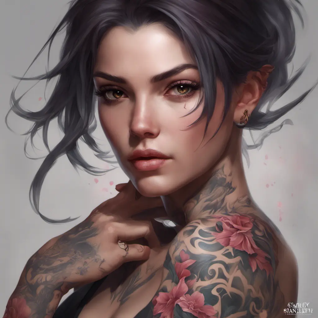 Matte portrait of Fiora with tattoos, 8k, Highly Detailed, Powerful, Alluring, Artstation, Magical, Digital Painting, Photo Realistic, Sharp Focus, Volumetric Lighting, Concept Art by Stanley Artgerm Lau, Alphonse Mucha, Greg Rutkowski