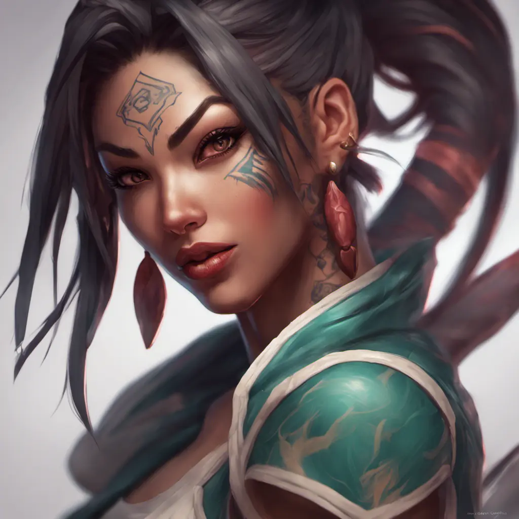 Matte portrait of Akali with tattoos, 8k, Highly Detailed, Alluring, Artstation, Bokeh effect, Sharp Focus, Volumetric Lighting, Concept Art by Stanley Artgerm Lau, Greg Rutkowski