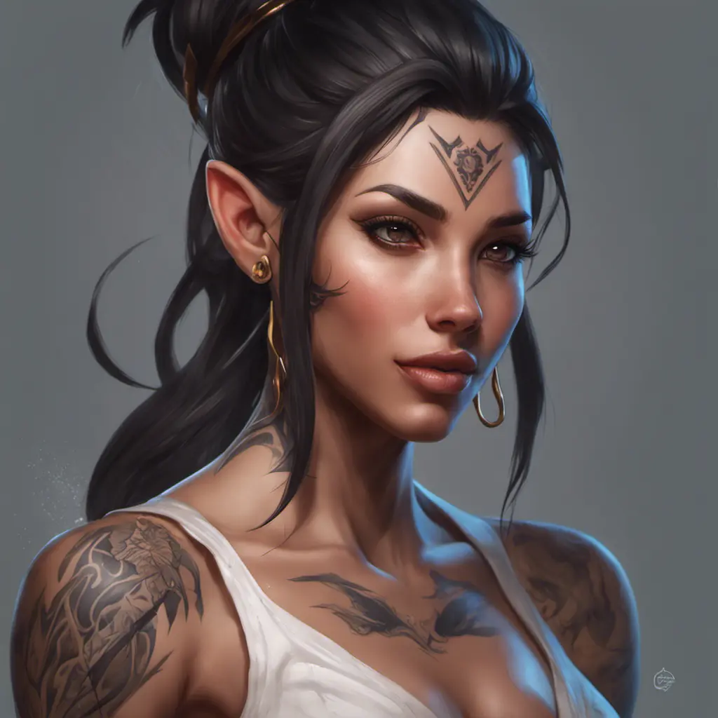 Matte portrait of Nidalee with tattoos, 8k, Highly Detailed, Alluring, Artstation, Bokeh effect, Sharp Focus, Volumetric Lighting, Concept Art by Stanley Artgerm Lau, Greg Rutkowski