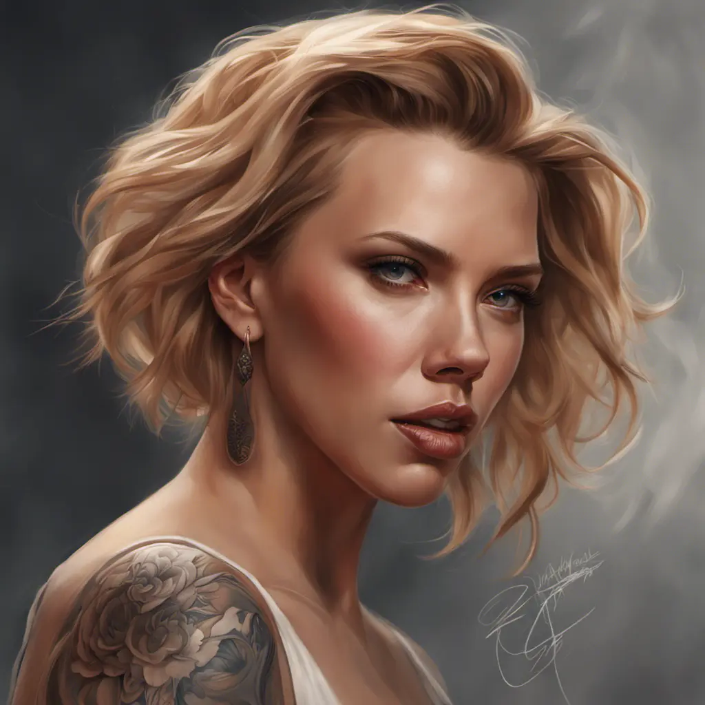 Matte portrait of Scarlett Johansson with tattoos, 8k, Highly Detailed, Powerful, Alluring, Artstation, Magical, Digital Painting, Photo Realistic, Sharp Focus, Volumetric Lighting, Concept Art by Stanley Artgerm Lau, Alphonse Mucha, Greg Rutkowski