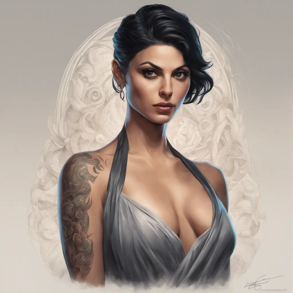 Matte portrait of Morena Baccarin with tattoos, 8k, Highly Detailed, Powerful, Alluring, Artstation, Magical, Digital Painting, Photo Realistic, Sharp Focus, Volumetric Lighting, Concept Art by Stanley Artgerm Lau, Alphonse Mucha, Greg Rutkowski