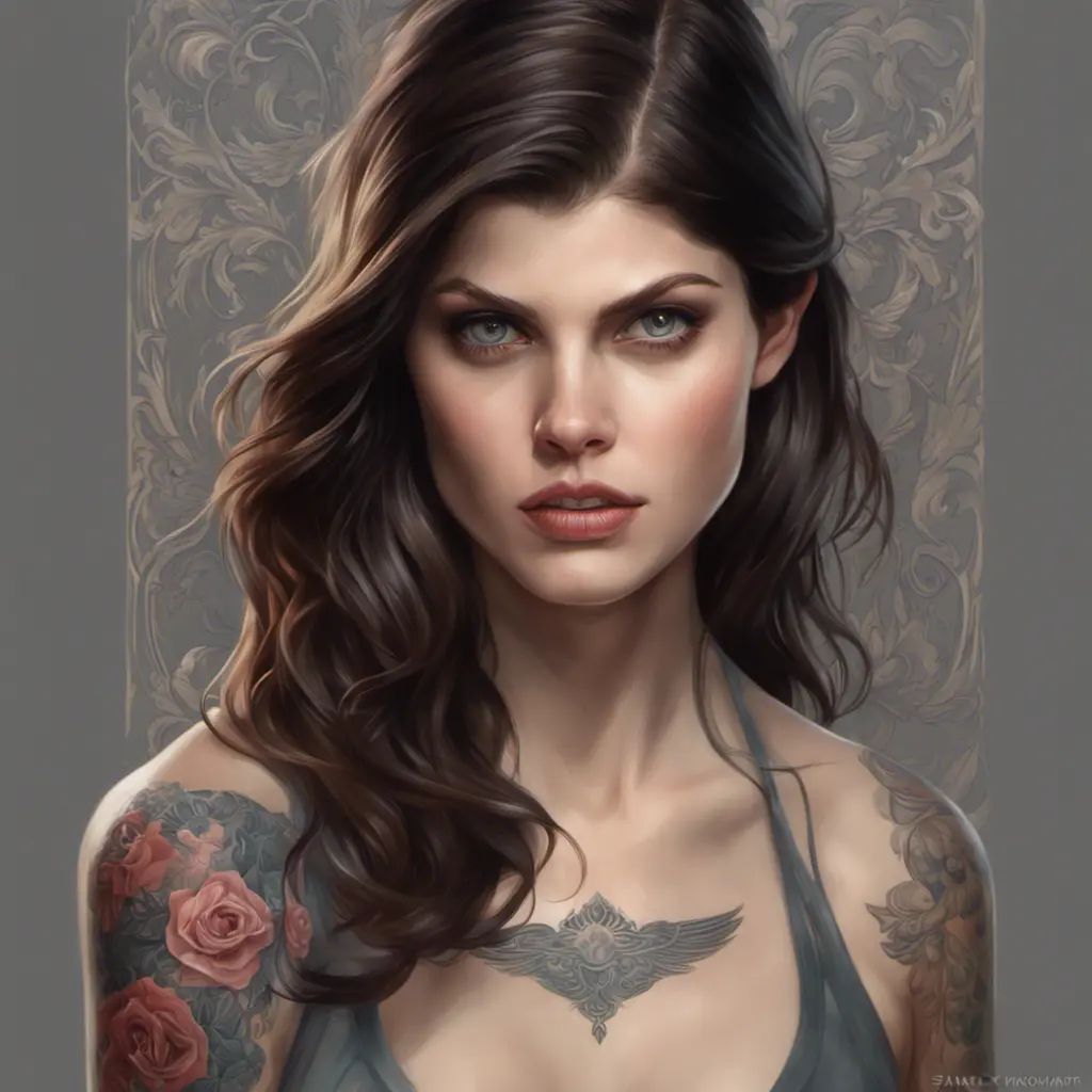 Matte portrait of Alexandra Daddario with tattoos, 8k, Highly Detailed, Powerful, Alluring, Artstation, Magical, Digital Painting, Photo Realistic, Sharp Focus, Volumetric Lighting, Concept Art by Stanley Artgerm Lau, Alphonse Mucha, Greg Rutkowski