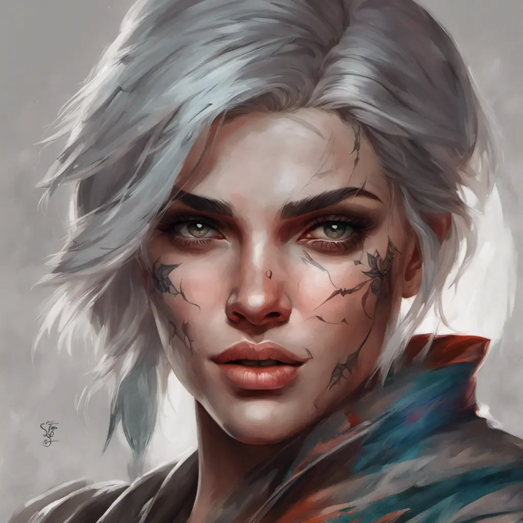 Colorful portrait of a tattooed Ciri with a grey scale face, 4k, Highly Detailed, Hyper Detailed, Powerful, Artstation, Vintage Illustration, Digital Painting, Sharp Focus, Smooth, Concept Art by Stanley Artgerm Lau, Greg Rutkowski