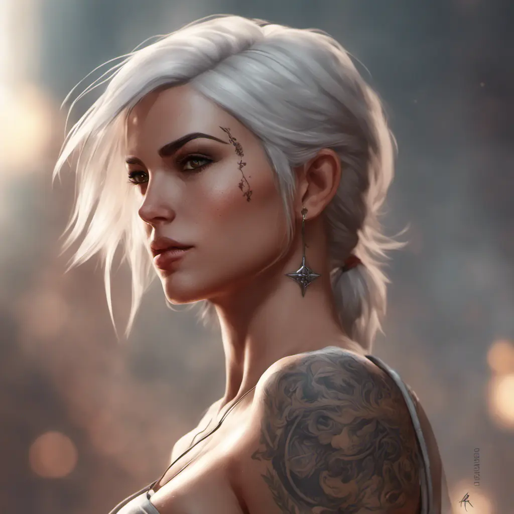 Matte portrait of Ciri with tattoos, 8k, Highly Detailed, Alluring, Artstation, Bokeh effect, Sharp Focus, Volumetric Lighting, Concept Art by Stanley Artgerm Lau, Greg Rutkowski