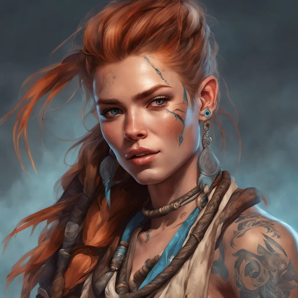 Matte portrait of Aloy with tattoos, 8k, Highly Detailed, Powerful, Alluring, Artstation, Magical, Digital Painting, Photo Realistic, Sharp Focus, Volumetric Lighting, Concept Art by Stanley Artgerm Lau, Alphonse Mucha, Greg Rutkowski