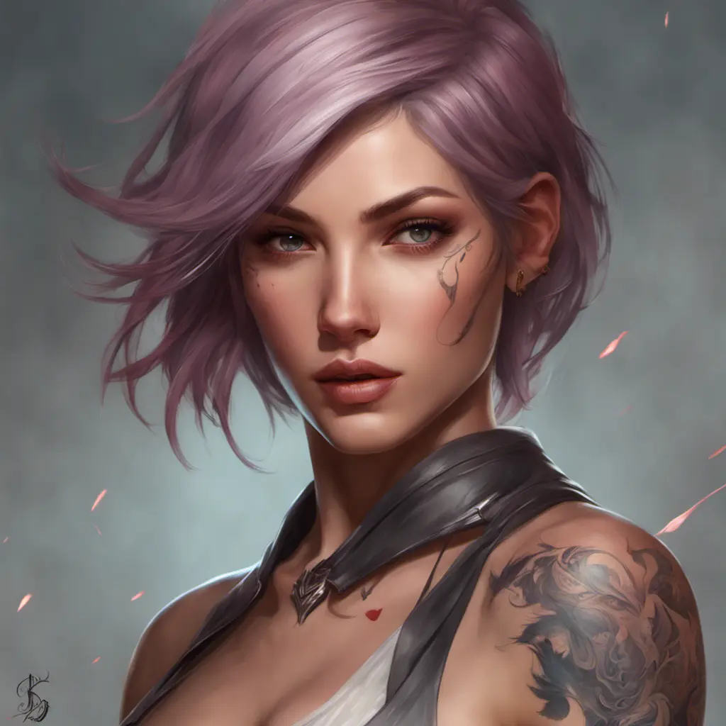 Matte portrait of Fiora with tattoos, 8k, Highly Detailed, Powerful, Alluring, Artstation, Magical, Digital Painting, Photo Realistic, Sharp Focus, Volumetric Lighting, Concept Art by Stanley Artgerm Lau, Alphonse Mucha, Greg Rutkowski