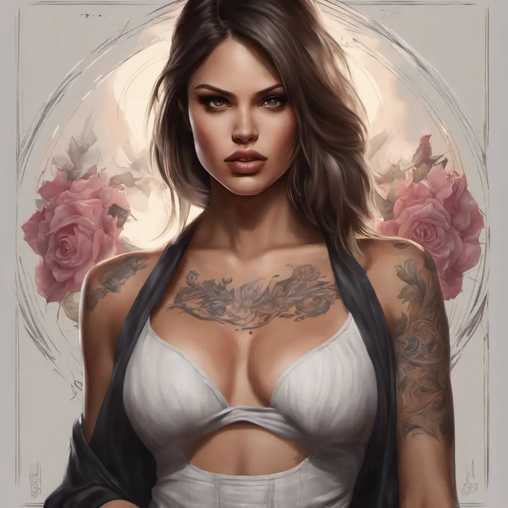 Matte portrait of Eiza González with tattoos, 8k, Highly Detailed, Powerful, Alluring, Artstation, Magical, Digital Painting, Photo Realistic, Sharp Focus, Volumetric Lighting, Concept Art by Stanley Artgerm Lau, Alphonse Mucha, Greg Rutkowski