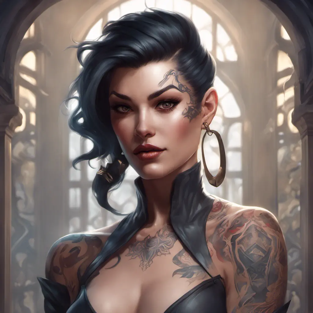 Matte portrait of Vayne with tattoos, 8k, Highly Detailed, Alluring, Artstation, Magical, Digital Painting, Volumetric Lighting, Concept Art by Stanley Artgerm Lau, Alphonse Mucha, Greg Rutkowski