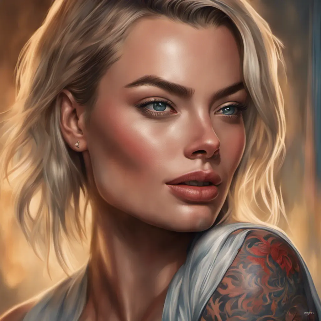 Matte portrait of Margot Robbie with tattoos, 8k, Highly Detailed, Powerful, Alluring, Artstation, Magical, Digital Painting, Photo Realistic, Sharp Focus, Volumetric Lighting, Concept Art by Stanley Artgerm Lau, Alphonse Mucha, Greg Rutkowski