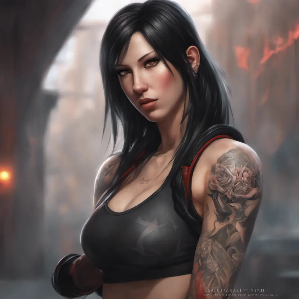 Matte portrait of Tifa Lockhart with tattoos, 8k, Highly Detailed, Powerful, Alluring, Artstation, Magical, Digital Painting, Photo Realistic, Sharp Focus, Volumetric Lighting, Concept Art by Stanley Artgerm Lau, Alphonse Mucha, Greg Rutkowski