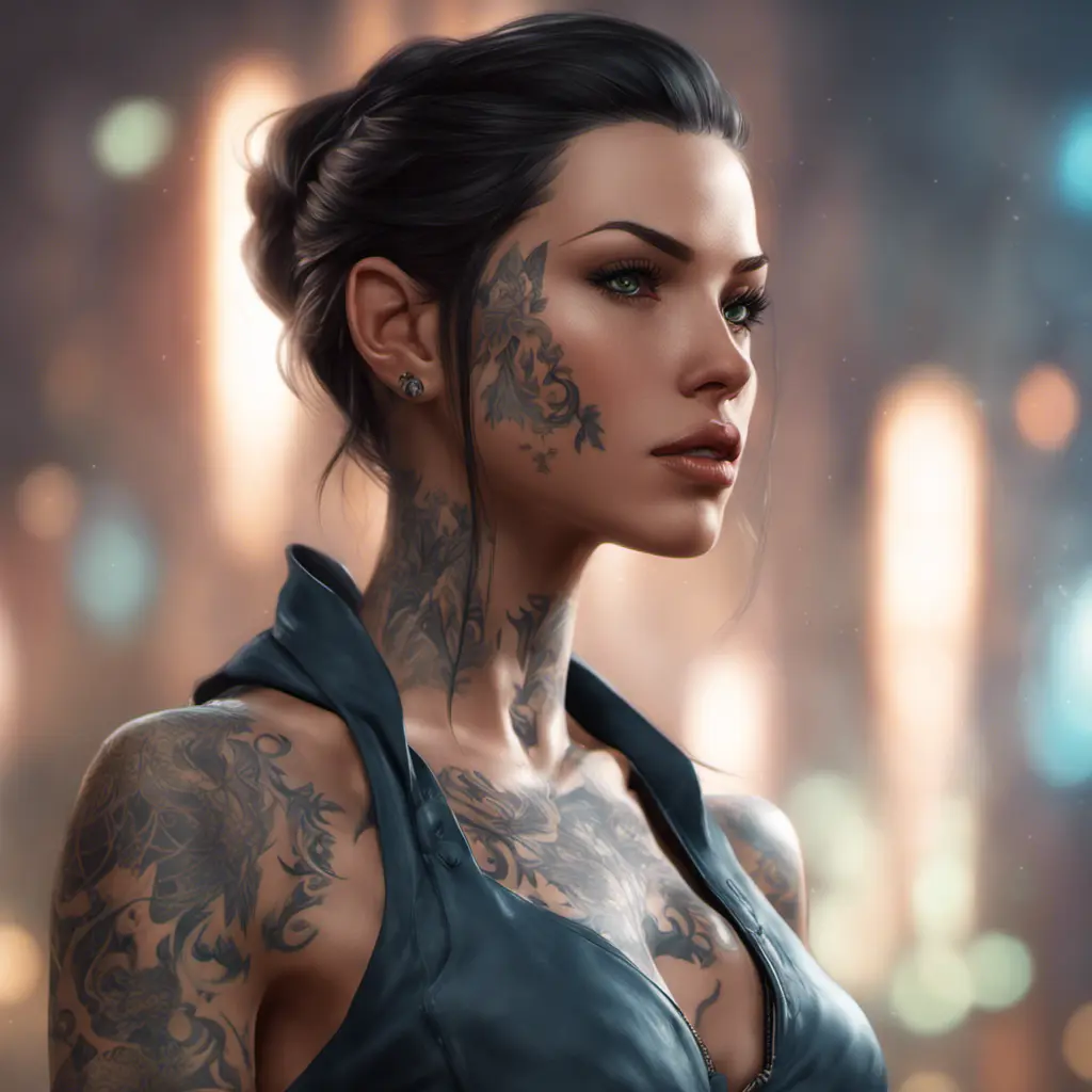 Matte portrait of Vex with tattoos, 8k, Highly Detailed, Alluring, Artstation, Bokeh effect, Sharp Focus, Volumetric Lighting, Concept Art by Stanley Artgerm Lau, Greg Rutkowski