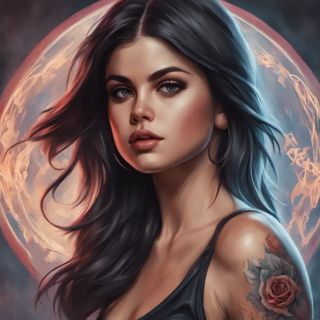 Matte portrait of Selena Gomez with tattoos, 8k, Highly Detailed, Powerful, Alluring, Artstation, Magical, Digital Painting, Photo Realistic, Sharp Focus, Volumetric Lighting, Concept Art by Stanley Artgerm Lau, Alphonse Mucha, Greg Rutkowski