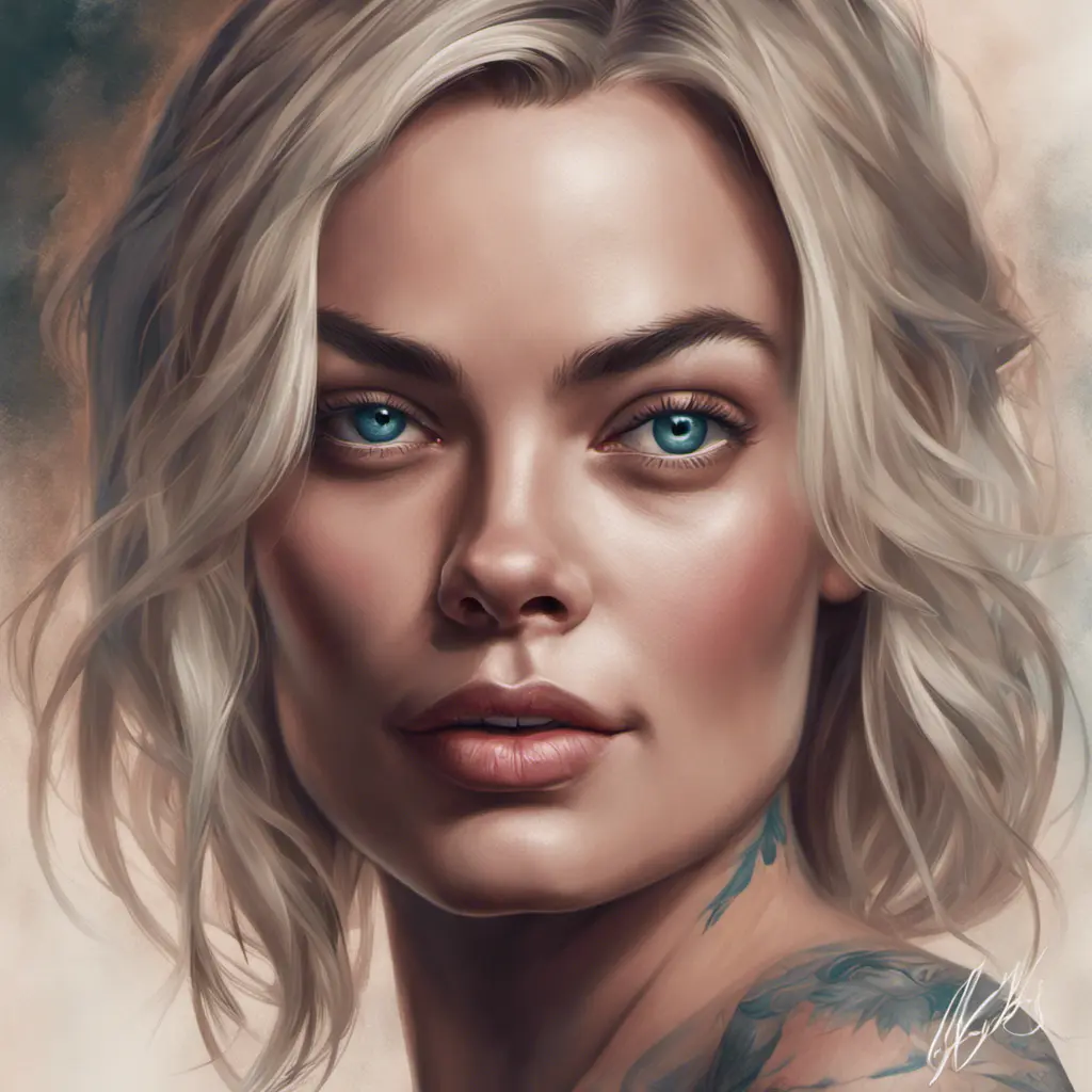 Matte portrait of Margot Robbie with tattoos, 8k, Highly Detailed, Powerful, Alluring, Artstation, Magical, Digital Painting, Photo Realistic, Sharp Focus, Volumetric Lighting, Concept Art by Stanley Artgerm Lau, Alphonse Mucha, Greg Rutkowski