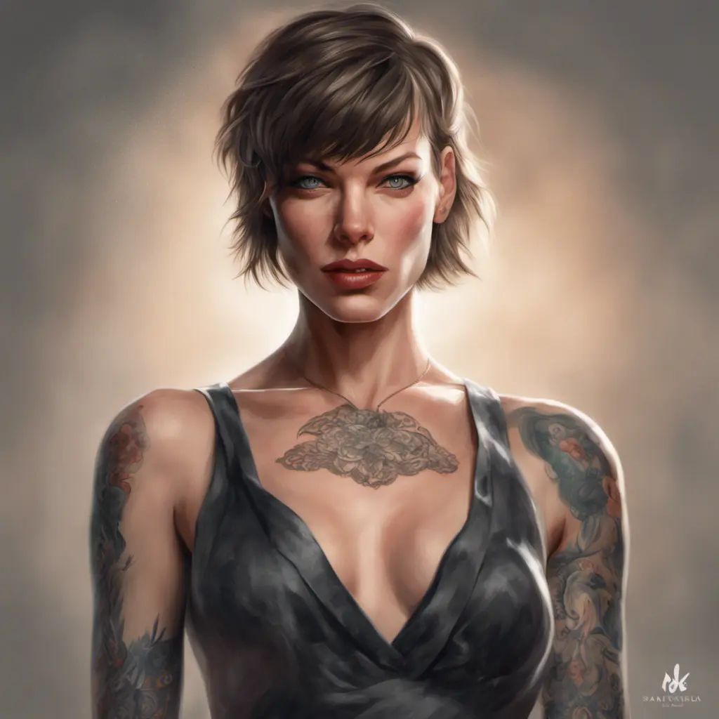 Matte portrait of Milla Jovovich with tattoos, 8k, Highly Detailed, Alluring, Artstation, Bokeh effect, Sharp Focus, Volumetric Lighting, Concept Art by Stanley Artgerm Lau, Greg Rutkowski