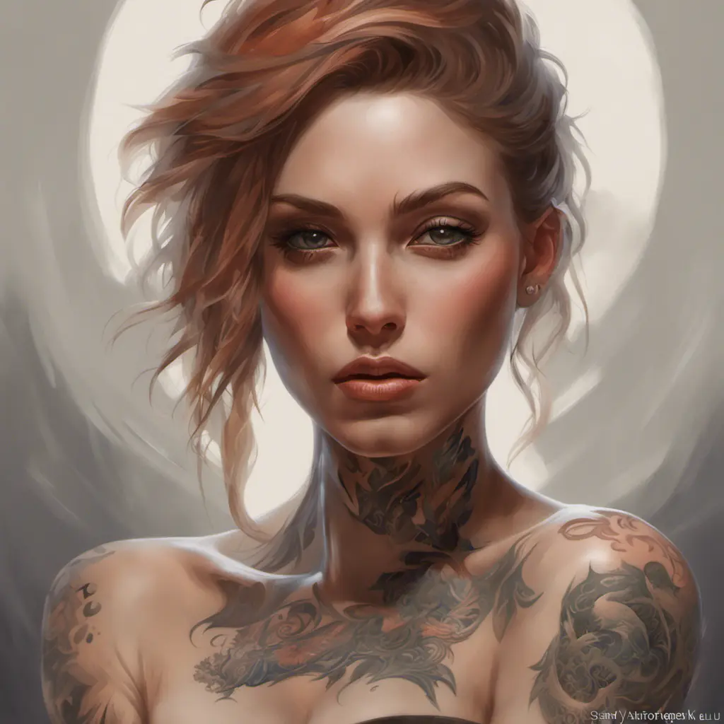 Matte portrait of Lyx with tattoos, 8k, Highly Detailed, Powerful, Alluring, Artstation, Magical, Digital Painting, Photo Realistic, Sharp Focus, Volumetric Lighting, Concept Art by Stanley Artgerm Lau, Alphonse Mucha, Greg Rutkowski