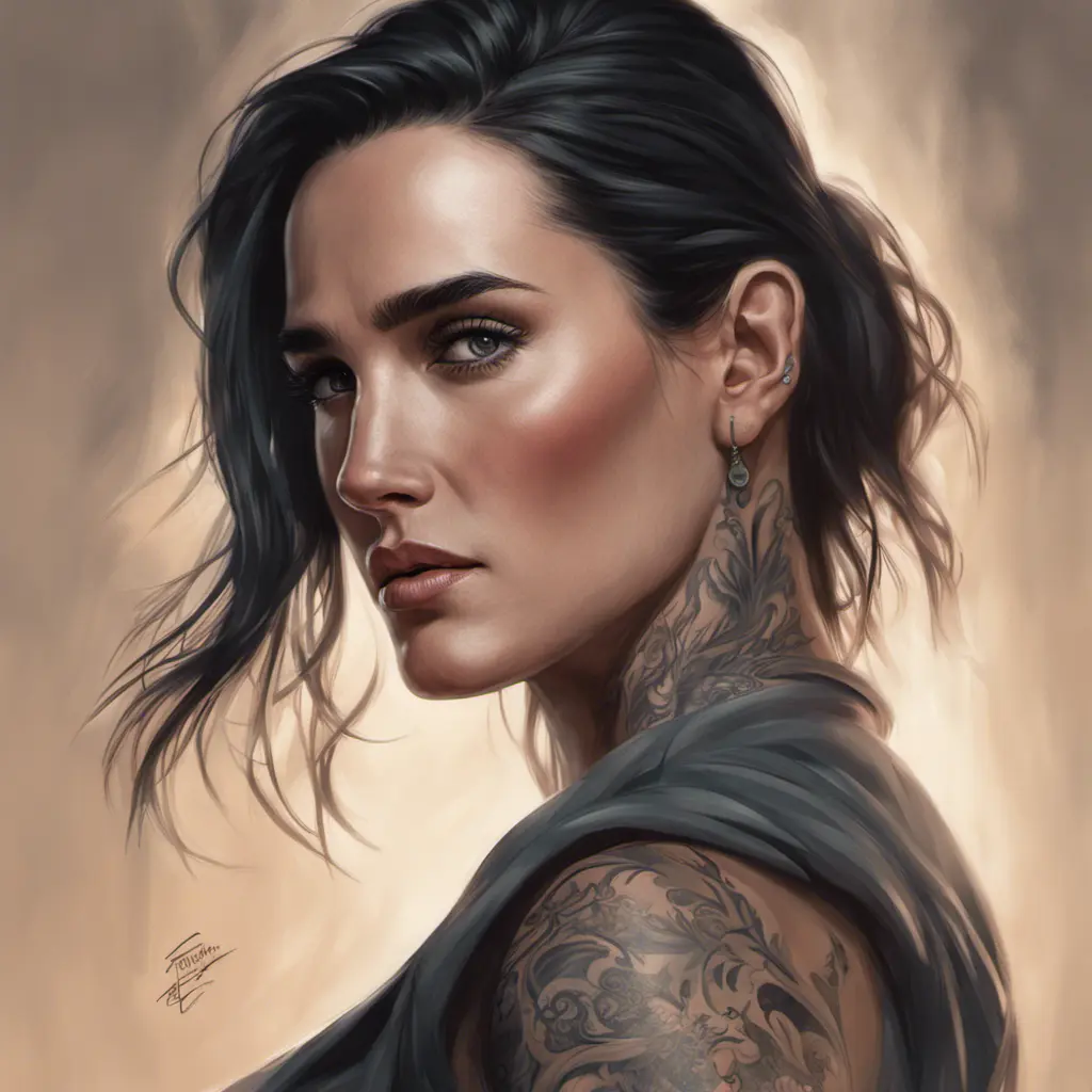 Matte portrait of Jennifer Connelly with tattoos, 8k, Highly Detailed, Powerful, Alluring, Artstation, Magical, Digital Painting, Photo Realistic, Sharp Focus, Volumetric Lighting, Concept Art by Stanley Artgerm Lau, Alphonse Mucha, Greg Rutkowski