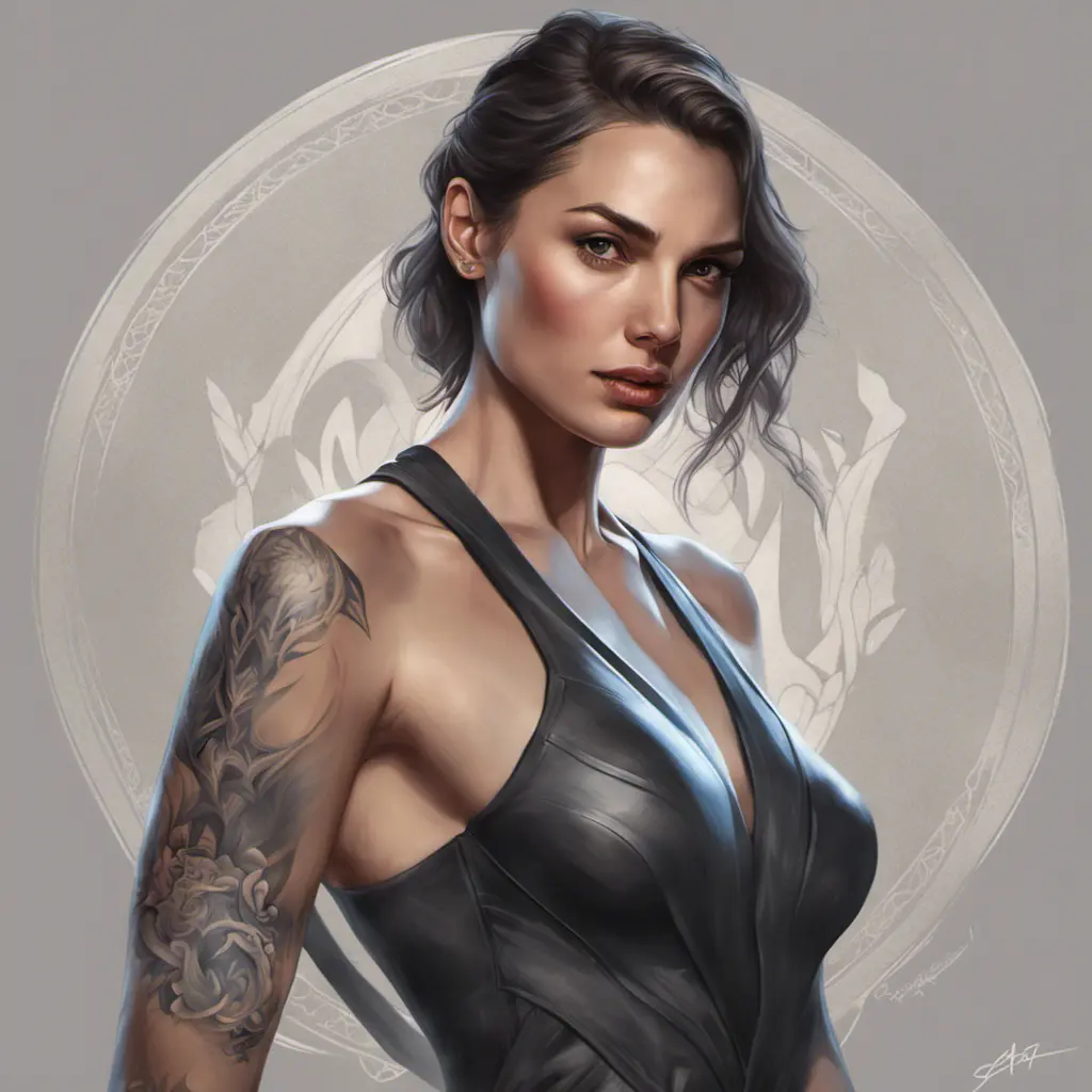 Matte portrait of Gal Gadot with tattoos, 8k, Highly Detailed, Powerful, Alluring, Artstation, Magical, Digital Painting, Photo Realistic, Sharp Focus, Volumetric Lighting, Concept Art by Stanley Artgerm Lau, Alphonse Mucha, Greg Rutkowski