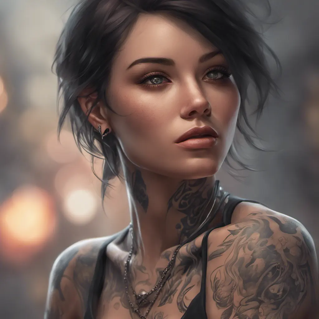 Matte portrait of A2 with tattoos, 8k, Highly Detailed, Alluring, Artstation, Bokeh effect, Sharp Focus, Volumetric Lighting, Concept Art by Stanley Artgerm Lau, Greg Rutkowski