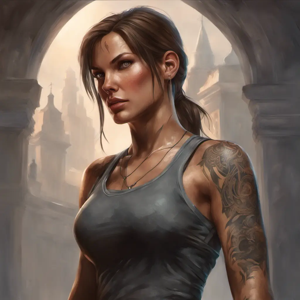 Matte portrait of Lara Croft with tattoos, 8k, Highly Detailed, Powerful, Alluring, Artstation, Magical, Digital Painting, Photo Realistic, Sharp Focus, Volumetric Lighting, Concept Art by Stanley Artgerm Lau, Alphonse Mucha, Greg Rutkowski