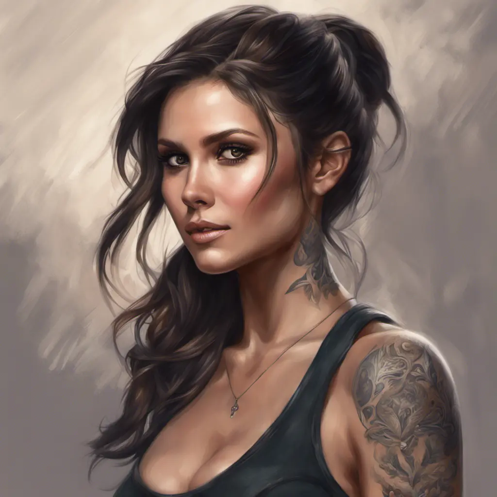 Matte portrait of Nina Dobrev with tattoos, 8k, Highly Detailed, Powerful, Alluring, Artstation, Magical, Digital Painting, Photo Realistic, Sharp Focus, Volumetric Lighting, Concept Art by Stanley Artgerm Lau, Alphonse Mucha, Greg Rutkowski