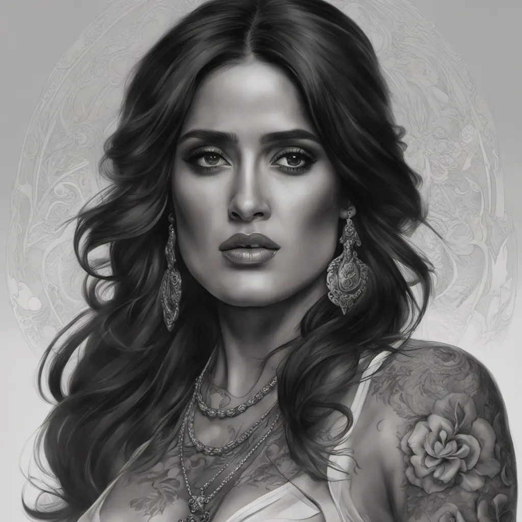 Matte portrait of Salma Hayek with tattoos, 8k, Highly Detailed, Powerful, Alluring, Artstation, Magical, Digital Painting, Photo Realistic, Sharp Focus, Volumetric Lighting, Concept Art by Stanley Artgerm Lau, Alphonse Mucha, Greg Rutkowski