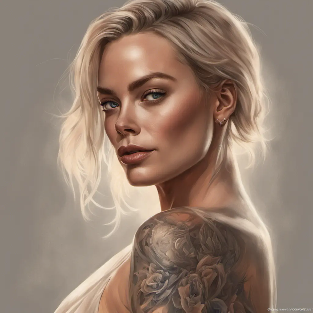 Matte portrait of Margot Robbie with tattoos, 8k, Highly Detailed, Powerful, Alluring, Artstation, Magical, Digital Painting, Photo Realistic, Sharp Focus, Volumetric Lighting, Concept Art by Stanley Artgerm Lau, Alphonse Mucha, Greg Rutkowski