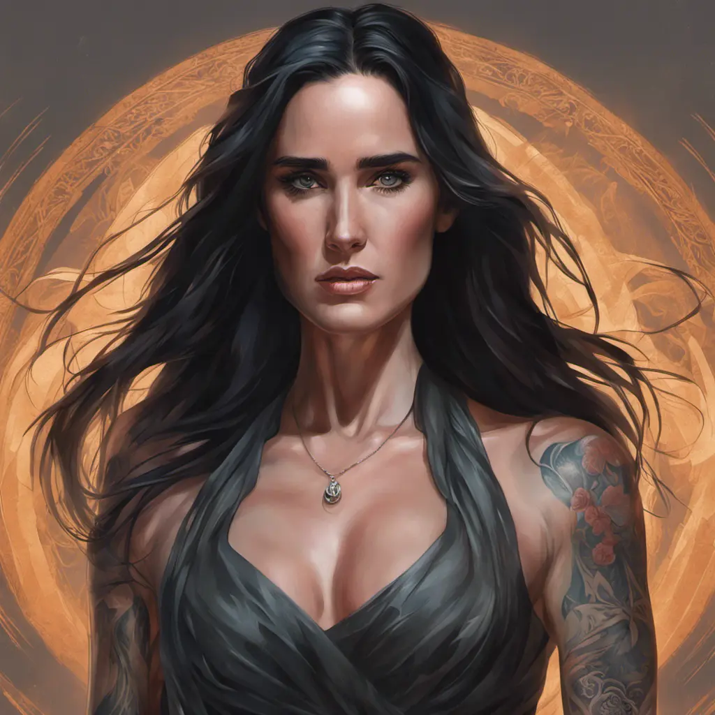 Matte portrait of Jennifer Connelly with tattoos, 8k, Highly Detailed, Powerful, Alluring, Artstation, Magical, Digital Painting, Photo Realistic, Sharp Focus, Volumetric Lighting, Concept Art by Stanley Artgerm Lau, Alphonse Mucha, Greg Rutkowski