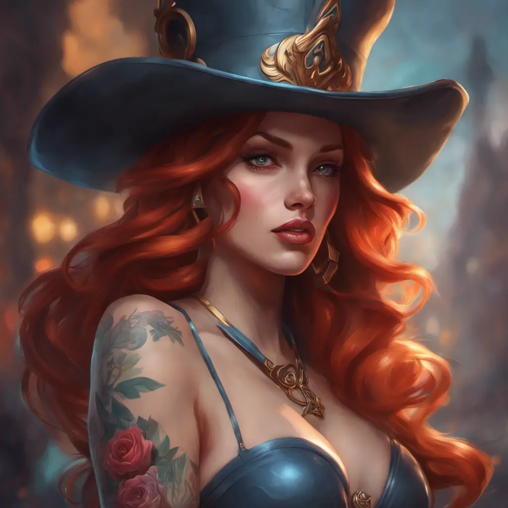 Matte portrait of Miss Fortune with tattoos, 8k, Highly Detailed, Alluring, Artstation, Magical, Digital Painting, Volumetric Lighting, Concept Art by Stanley Artgerm Lau, Alphonse Mucha, Greg Rutkowski