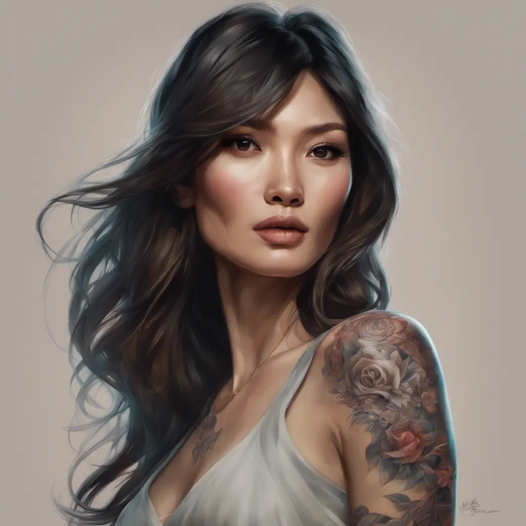 Matte portrait of Gemma Chan with tattoos, 8k, Highly Detailed, Powerful, Alluring, Artstation, Magical, Digital Painting, Photo Realistic, Sharp Focus, Volumetric Lighting, Concept Art by Stanley Artgerm Lau, Alphonse Mucha, Greg Rutkowski