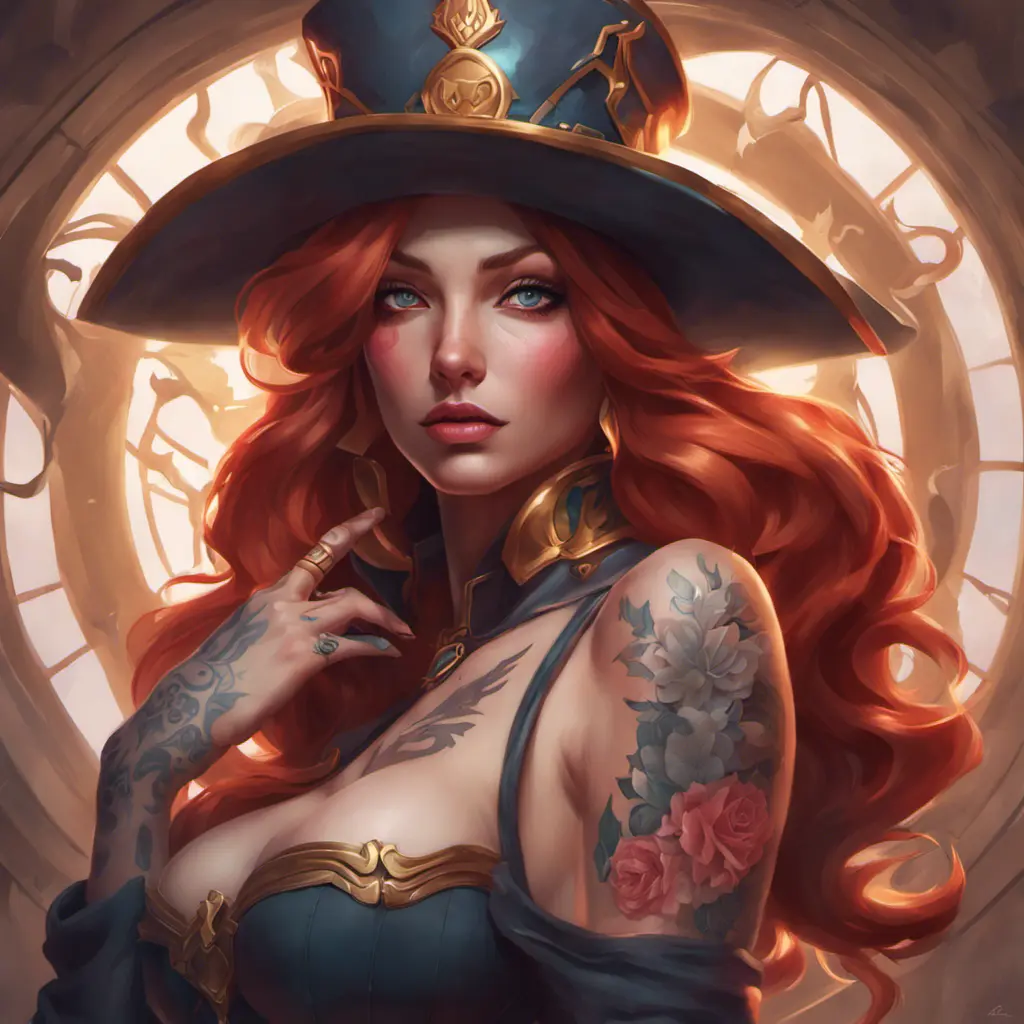 Matte portrait of Miss Fortune with tattoos, 8k, Highly Detailed, Alluring, Artstation, Magical, Digital Painting, Volumetric Lighting, Concept Art by Stanley Artgerm Lau, Alphonse Mucha, Greg Rutkowski