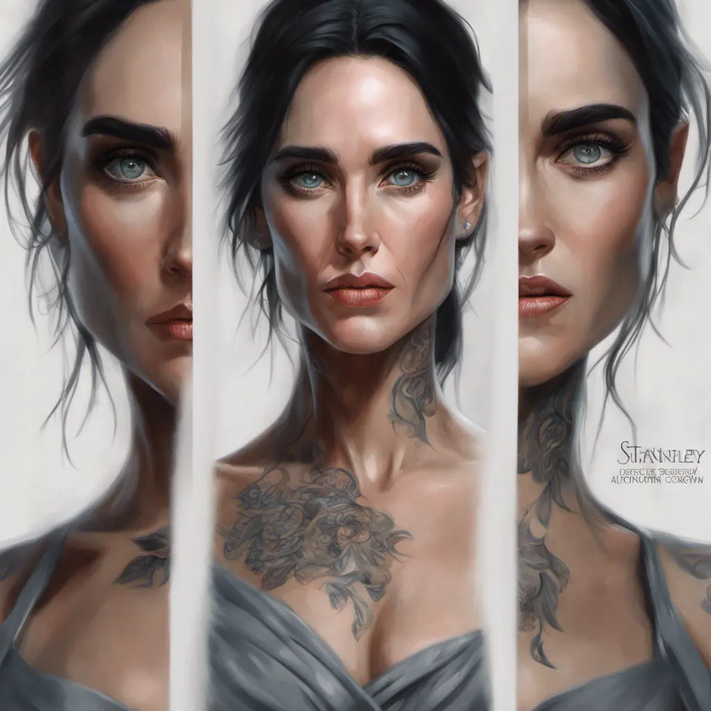 Matte portrait of Jennifer Connelly with tattoos, 8k, Highly Detailed, Powerful, Alluring, Artstation, Magical, Digital Painting, Photo Realistic, Sharp Focus, Volumetric Lighting, Concept Art by Stanley Artgerm Lau, Alphonse Mucha, Greg Rutkowski