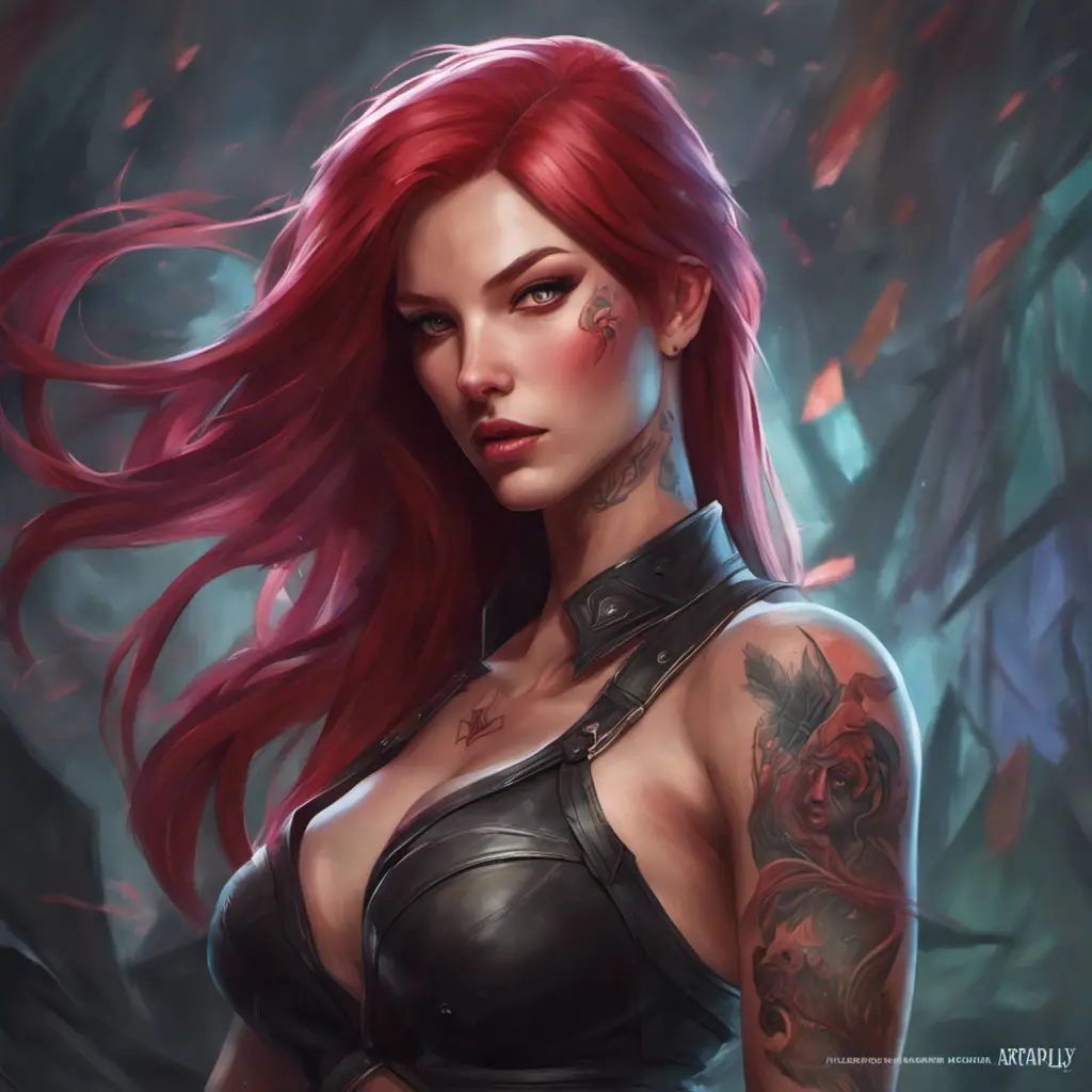 Matte portrait of Katarina from League of Legends with tattoos, 8k, Highly Detailed, Powerful, Alluring, Artstation, Magical, Digital Painting, Photo Realistic, Sharp Focus, Volumetric Lighting, Concept Art by Stanley Artgerm Lau, Alphonse Mucha, Greg Rutkowski