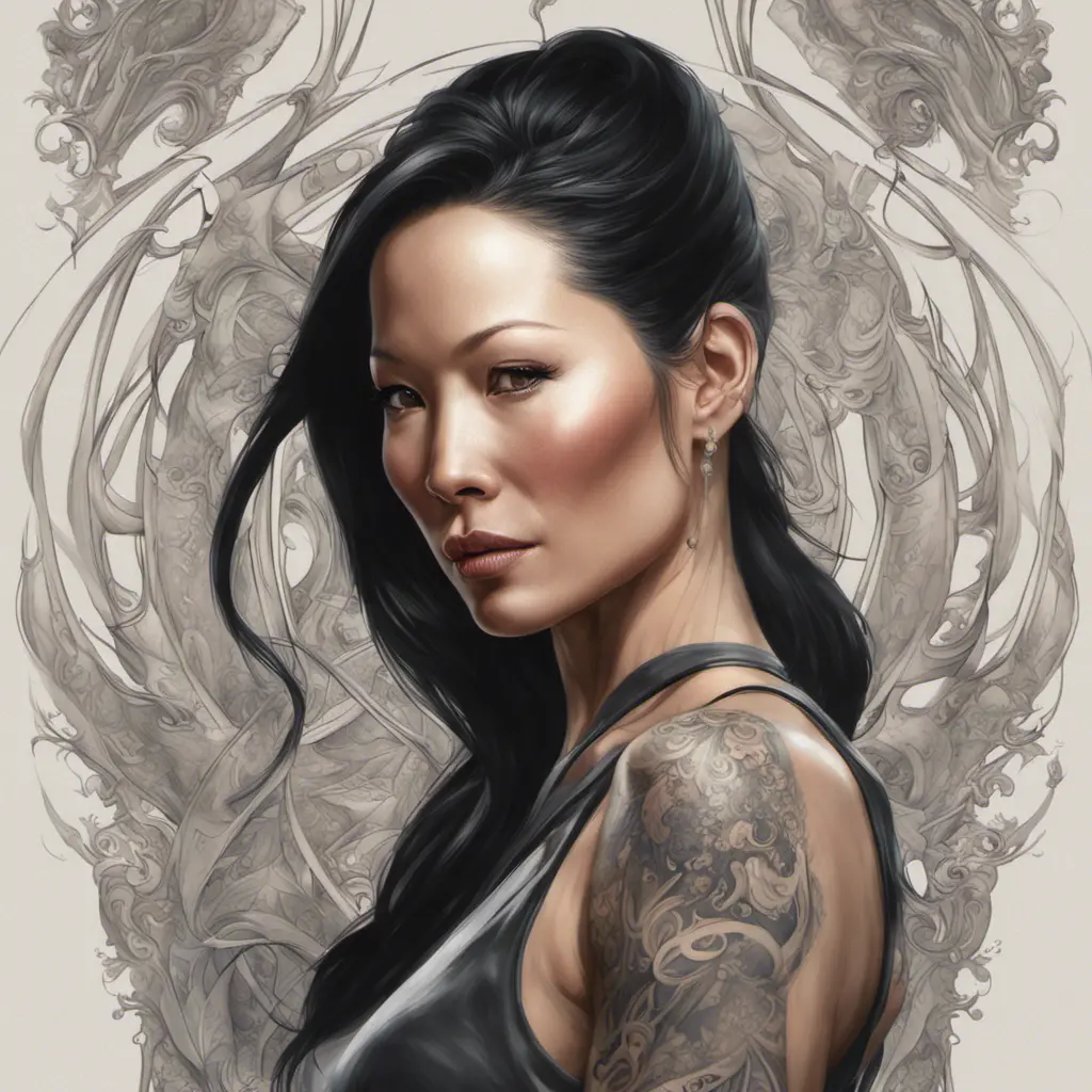 Matte portrait of Lucy Liu with tattoos, 8k, Highly Detailed, Powerful, Alluring, Artstation, Magical, Digital Painting, Photo Realistic, Sharp Focus, Volumetric Lighting, Concept Art by Stanley Artgerm Lau, Alphonse Mucha, Greg Rutkowski