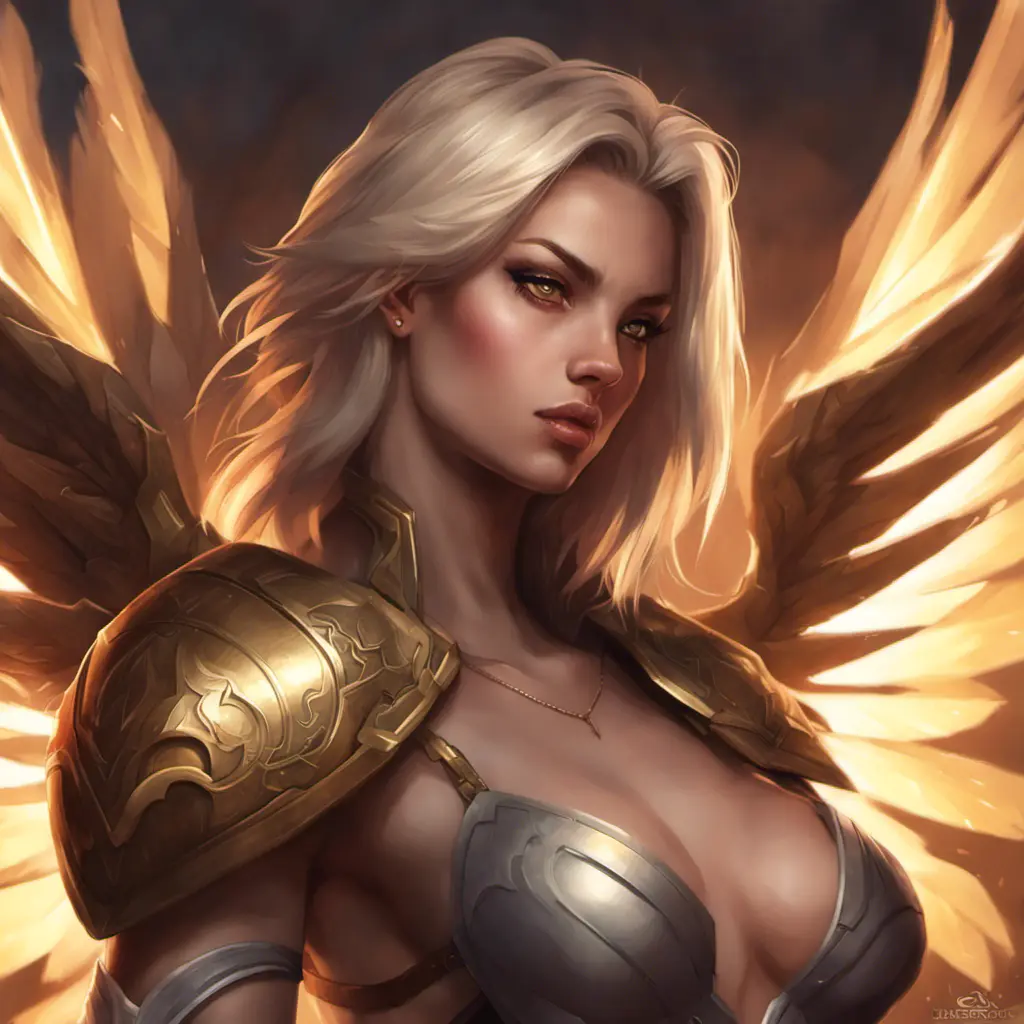 Matte portrait of Kayle from League of Legends with tattoos, 8k, Highly Detailed, Powerful, Alluring, Artstation, Magical, Digital Painting, Photo Realistic, Sharp Focus, Volumetric Lighting, Concept Art by Stanley Artgerm Lau, Greg Rutkowski