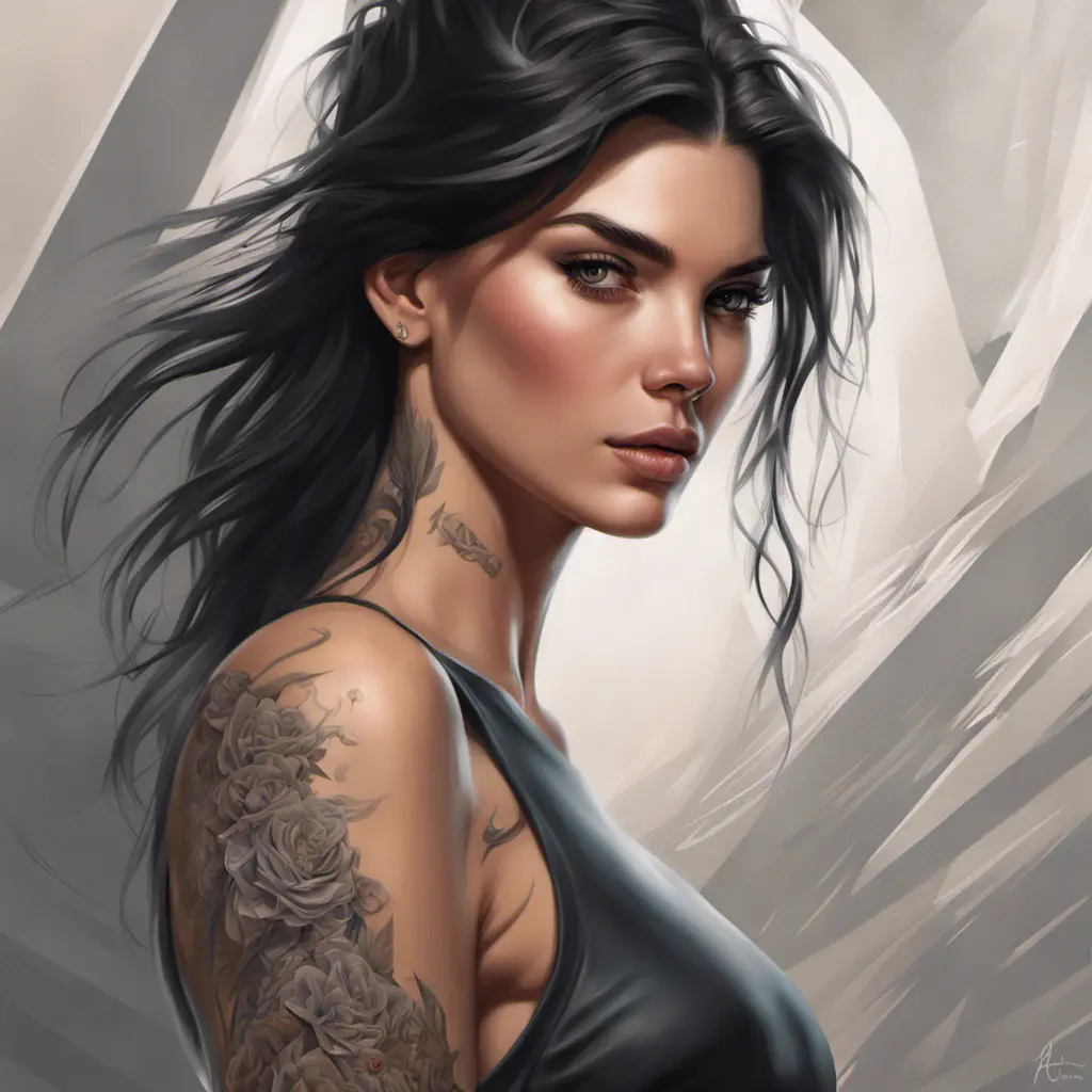 Matte portrait of Kendall Jenner with tattoos, 8k, Highly Detailed, Powerful, Alluring, Artstation, Magical, Digital Painting, Photo Realistic, Sharp Focus, Volumetric Lighting, Concept Art by Stanley Artgerm Lau, Alphonse Mucha, Greg Rutkowski