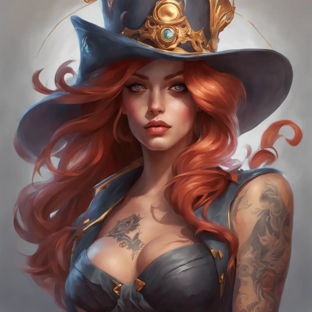 Matte portrait of Miss Fortune with tattoos, 8k, Highly Detailed, Alluring, Artstation, Magical, Digital Painting, Volumetric Lighting, Concept Art by Stanley Artgerm Lau, Alphonse Mucha, Greg Rutkowski