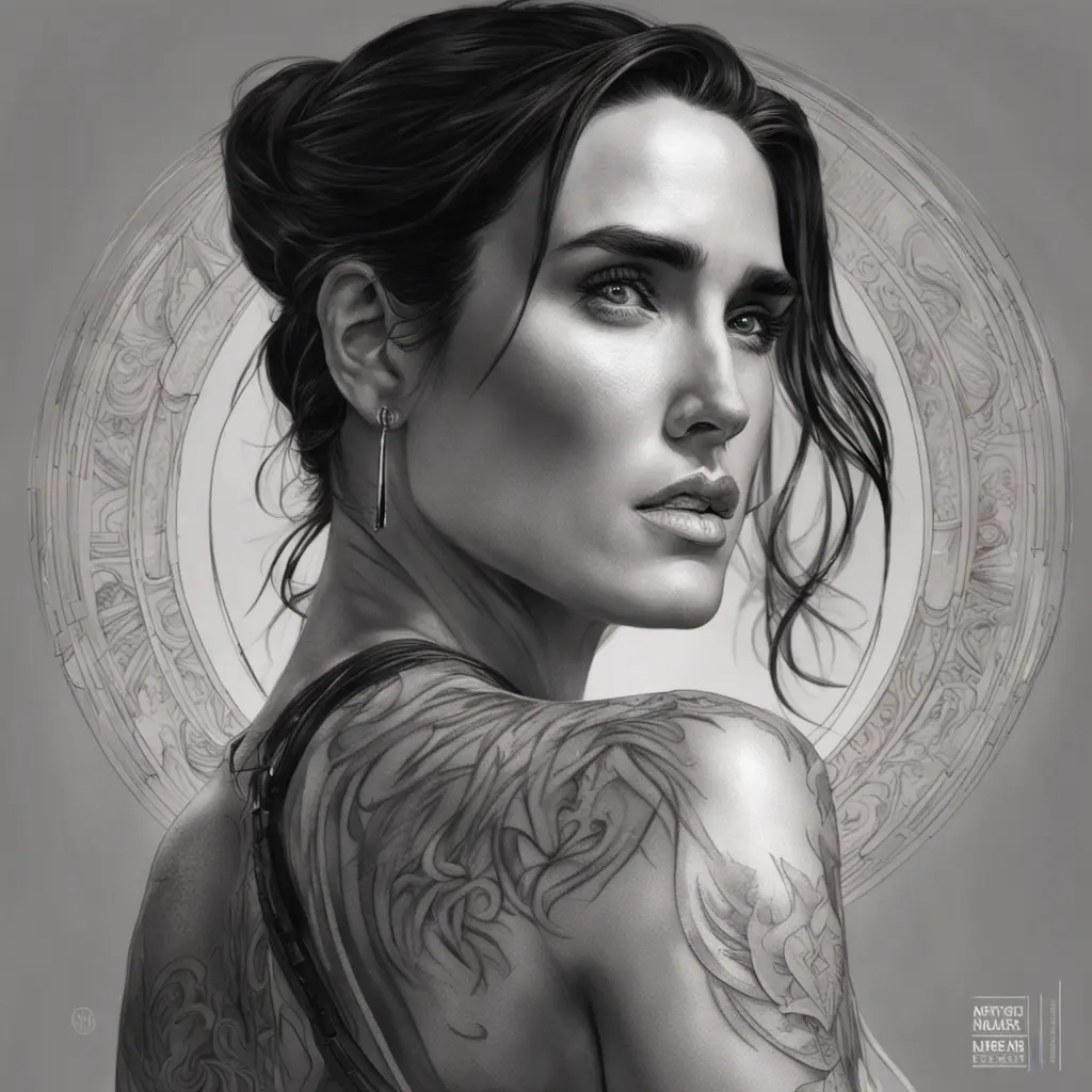 Matte portrait of Jennifer Connelly with tattoos, 8k, Highly Detailed, Powerful, Alluring, Artstation, Magical, Digital Painting, Photo Realistic, Sharp Focus, Volumetric Lighting, Concept Art by Stanley Artgerm Lau, Alphonse Mucha, Greg Rutkowski