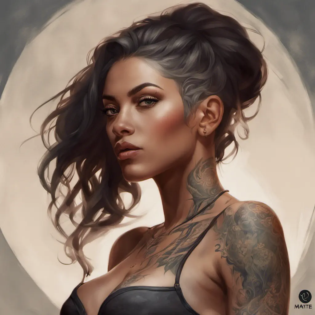 Matte portrait of Samira with tattoos, 8k, Highly Detailed, Powerful, Alluring, Artstation, Magical, Digital Painting, Photo Realistic, Sharp Focus, Volumetric Lighting, Concept Art by Stanley Artgerm Lau, Alphonse Mucha, Greg Rutkowski